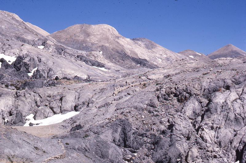 Shepherd, sheep, dog, and snow in the Mountain Desert, Sphakia. June 1987