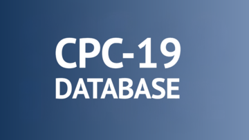 Image text reads CPC-19 database in caps. Text is white and appears on a blue background. 