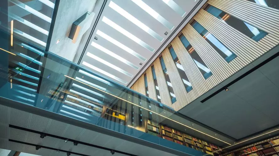 View of the walkway and ceiling at the Weston Library