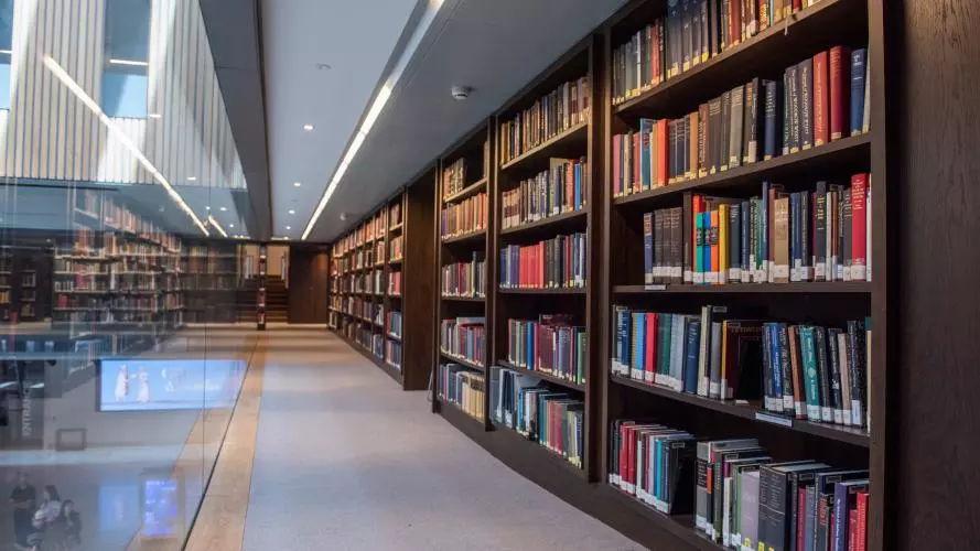 Long view of the floating stack above Blackwell Hall at the Weston Library