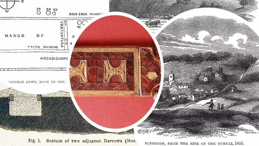 Novum Inventorium Sepulchrale grave items shown together with an etching of a landscape.