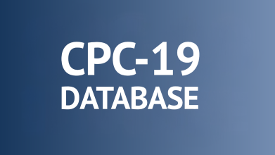 Image text reads CPC-19 database in caps. Text is white and appears on a blue background. 