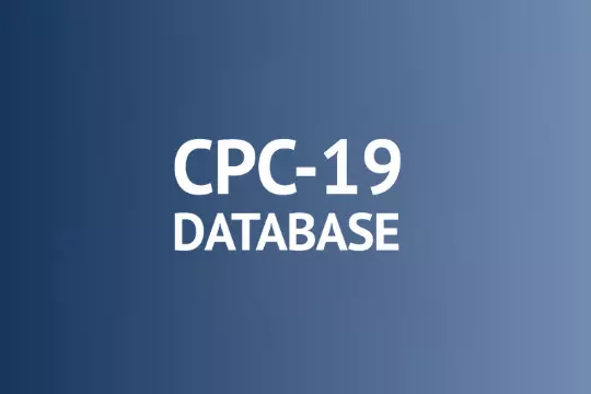 Image text reads CPC-19 database in caps. Text is white and appears on a blue background. 