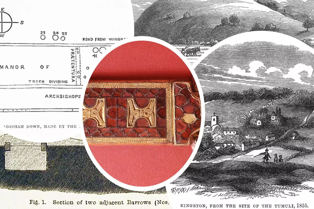 Novum Inventorium Sepulchrale grave items shown together with an etching of a landscape.